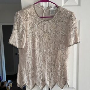 Papell Boutique Cream Beaded Blouse 100% Silk
